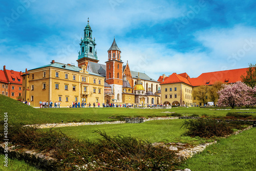 Wawel Royal Castle in Krakow, Poland. View from spring flower bed on chapels