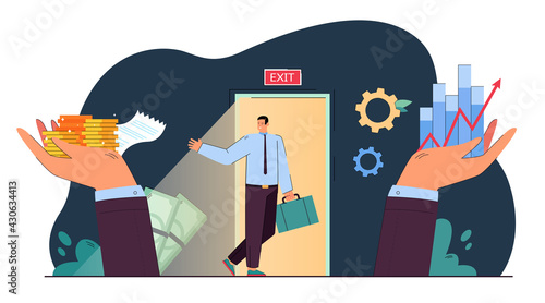 Sale of property rights metaphor flat vector illustration. Tiny cartoon business owner selling profitable company avoiding bankruptcy. Change, business, bargain, deal, buyout concept for banner design