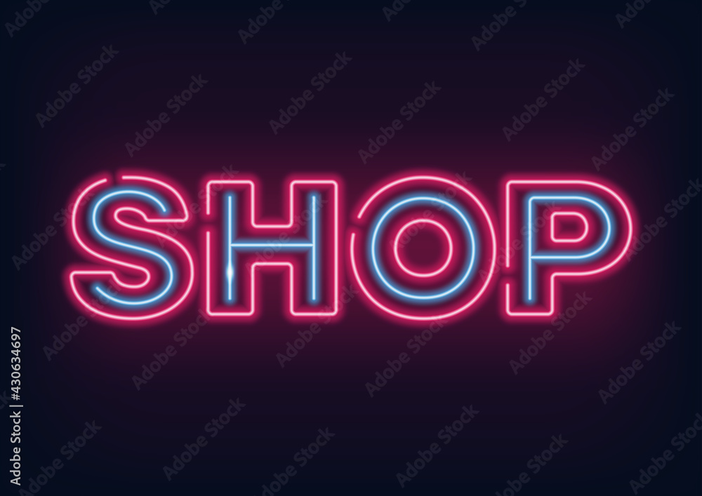 Neon sign - shop. Neon lettering. Neon sign. Glowing lines on a dark background. Neon sign - shop. Neon lettering. Neon sign. Glowing lines on a dark background.