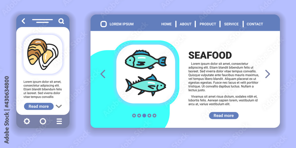 Fototapeta premium Seafood web banner and mobile app kit. Outline vector illustration. Creative idea concept