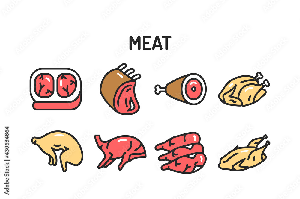 Naklejka premium Meat and fish color line icons set. Isolated vector element. Outline pictograms for web page, mobile app
