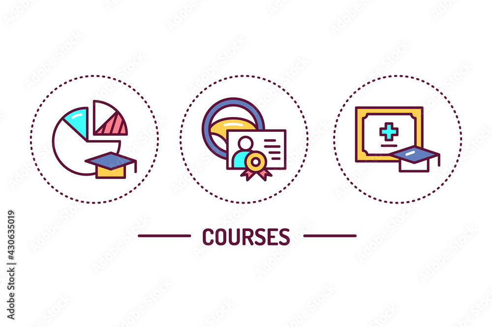 Courses color line icons concept. Outline pictograms for web page, mobile app, promo.