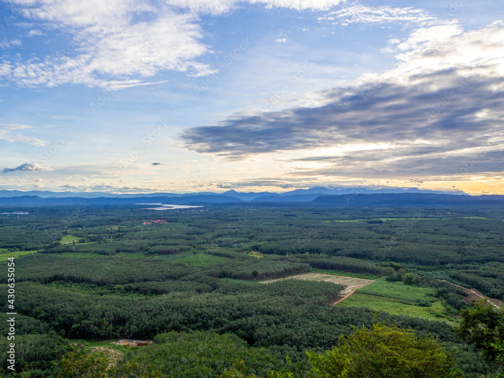 Beautiful top of view of the green forest, Mekong river, and blue sky in Phu Sing mountain Country park in Bungkan province, Thailand.