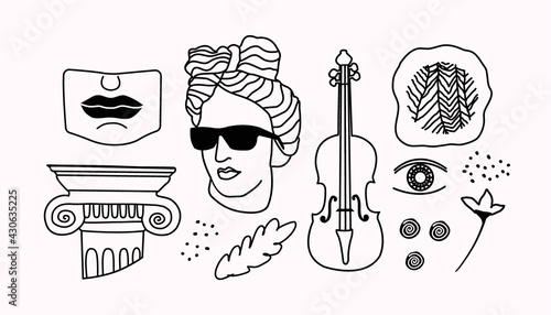 Greek sculptures, flowers and textures. Bohemian elements. Fashion print for clothing and fashion concepts. Antique sculptures. Apollo bust with glasses. Ancient statues in a modern style.