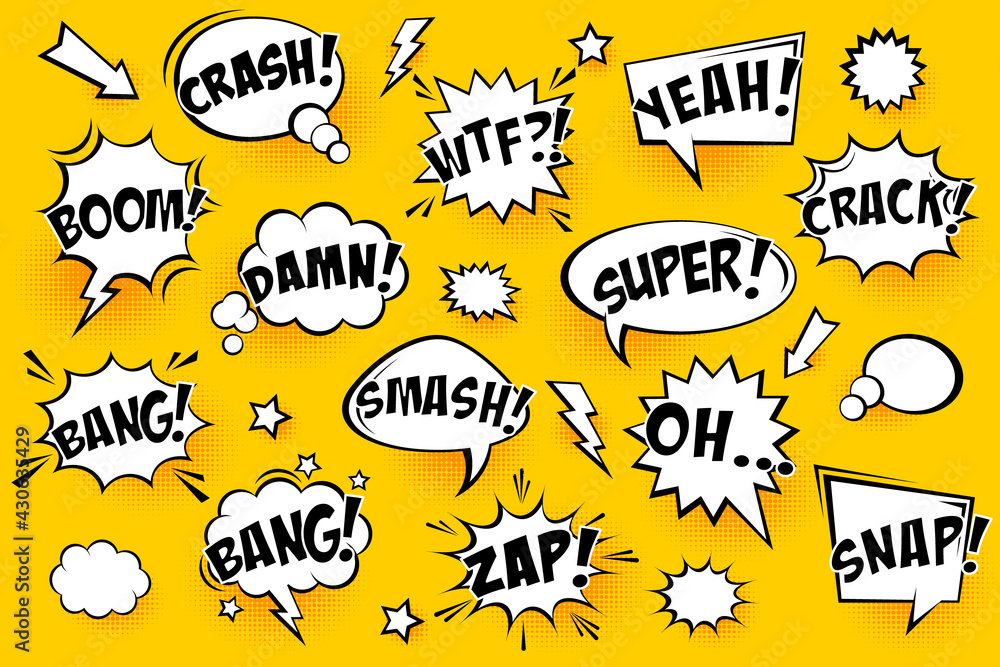 Comic speech bubbles with halftone shadows and text on yellow background. Hand drawn retro cartoon stickers. Pop art style. Vector illustration.