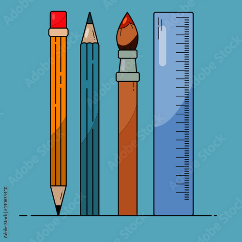 Set of Stationary pencil pen ruler and eraser