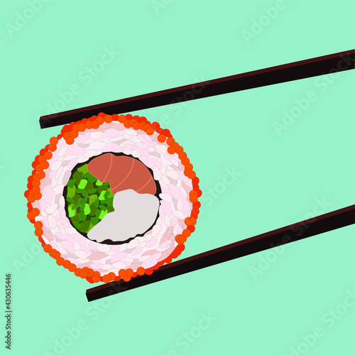 Chopsticks holding a sushi roll. Wooden chopsticks and sushi roll on an orange background. Vector illustration.