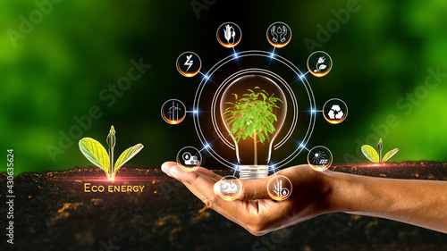 Eco Energy Concept Green environment with Center and spoke Concept ,Plant on center and rotating Icons