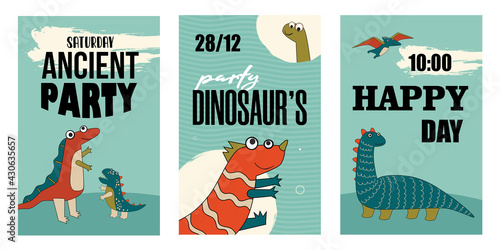 Set of happy dino characters invitations. Cartoon vector illustration. Cute dinos template for Saturday party in flat colorful design. Party, dinosaur, history, ancient concept for banner design