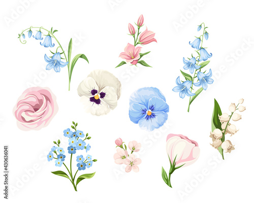 Fototapeta Naklejka Na Ścianę i Meble -  Vector set of pink, blue and white pansy flowers, lisianthus flowers, bluebells, lily of the valley and forget-me-not flowers isolated on a white background.