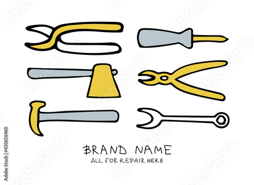 Vector illustration of tools for repairing in doodle style. The illustration can be used to advertise a store of tools for repair, construction. Lettering Everything for renovation is here.