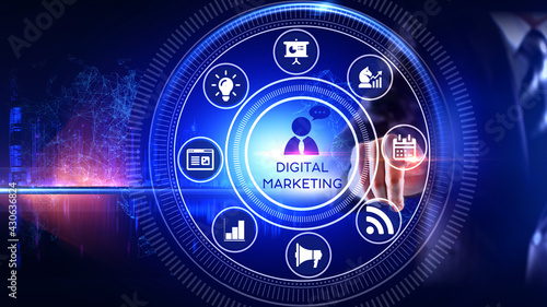 
Digital marketing  Concept Rotating wheel with icon surrounded by city Center and spoke Concept