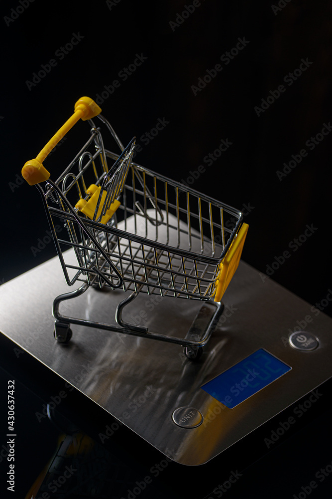 Metallic shopping cart on electronic weighing scale, close view 