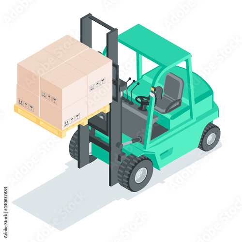 Forklift with raised boxes. Isometric 3d vector illustration in flat style on a white background.