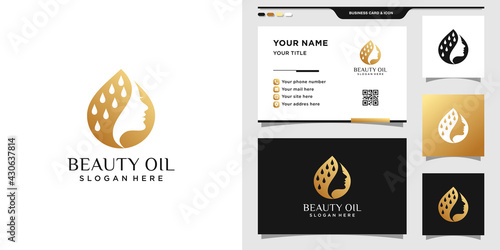Beauty logo with oil drop and business card design. Logo can be used for beauty salon, cosmetic, and spa. Premium Vector