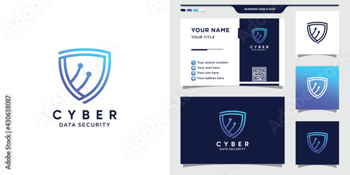 Shield logo template for security data. Cyber tech logo and business card design Premium Vector