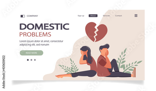 Man and a woman in a quarrel. Conflicts between husband and wife. Two characters sitting back to back, disagreement, relationship troubles. Concept of divorce, misunderstanding in family. Vector.
