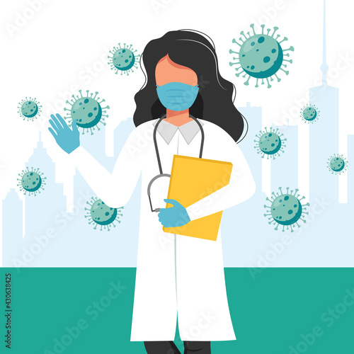 Female doctor wearing a medical mask and gloves. Coronavirus COVID-19 prevention concept. Vector illustration in flat style