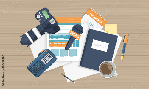 Journalism. Camera and photos. Mass media, television, interview, breaking news, press conference concept. Flat vector