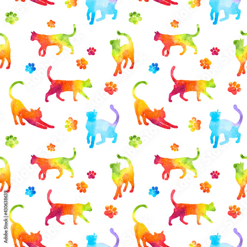 Seamless pattern with colorful rainbow silhouettes of watercolor cat and paws isolated on white background.