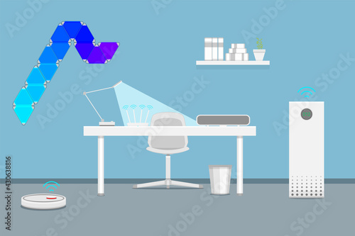 Smart home room concept. Vector illustration of modern automation room with devises that works over wi-fi. Blue walls with turquoise, violet, light panels. Advertising web banner