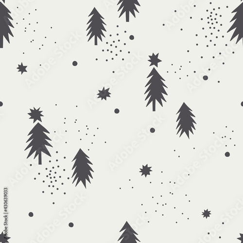 Snow star pine vector seamless pattern. Cute tiny decorative Scandinavian winter background. Snowy Christmas forest abstract monochrome print design.