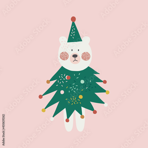 Cute funny polar bear dressed in Christmas tree costume vector illustration. Whimsy holly Xmas party bear clipart for kids. Seasonal winter holidays animalistic graphic design