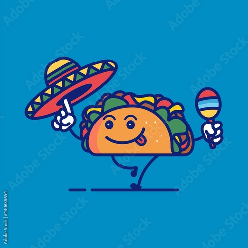 Happy taco character with sombrero and maracas vector illustration. Taco cute cartoon vector icon.