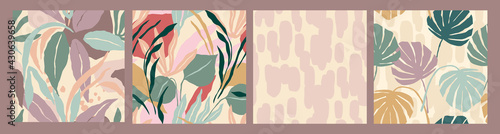 Abstract collection of seamless patterns with leaves and geometric shapes. Modern design