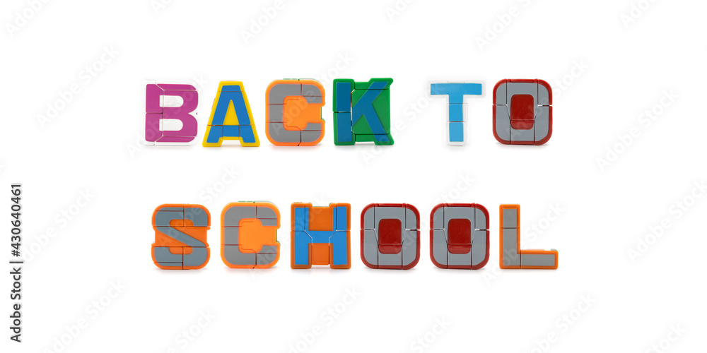 BACK TO SCHOOL capital letter figure sentences on white background