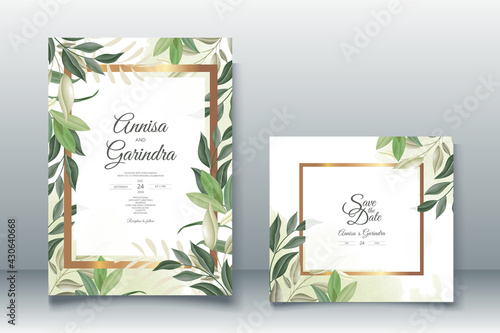 Wedding invitation card template set with beautiful  leaves Premium Vector
