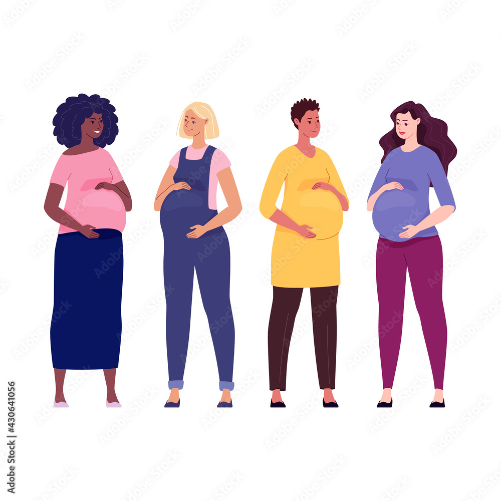 Obraz premium Set of beautiful pregnant women hugging their big bellies. Illustration. Vector in a flat cartoon style.