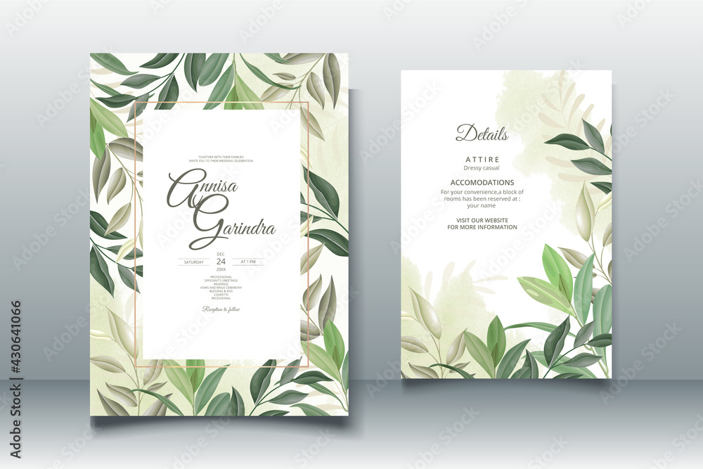 Wedding invitation card template set with beautiful  leaves Premium Vector