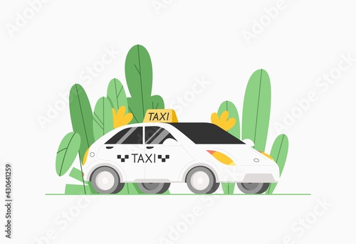 Flat illustration with taxi car. Call a taxi, Carsharing, Car rental.