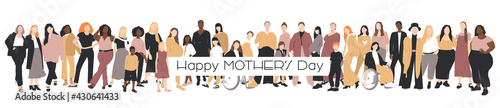 Happy Mother's Day card. Multicultural group of mothers with kids collection. Flat vector illustration.