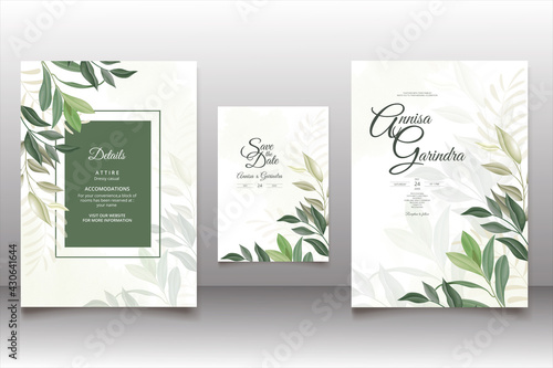 Wedding invitation card template set with beautiful  leaves Premium Vector