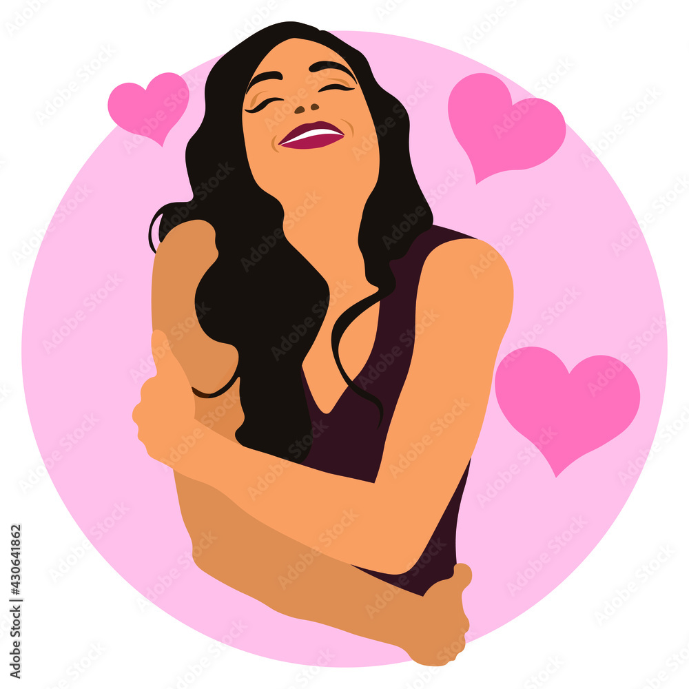 Girl hugs herself by the shoulders. A woman loves her body and takes care of herself. Self-love concept. Vector flat illustration.