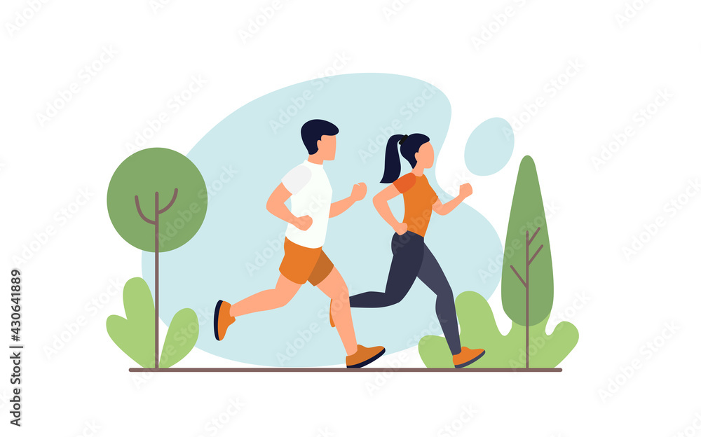 Woman and man running in nature. Flat style