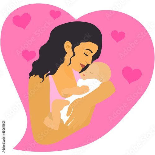 Vector illustration of a mother holding a baby in her arms in pink colors. Maternal love concept. Happy Mother s Day greeting card.