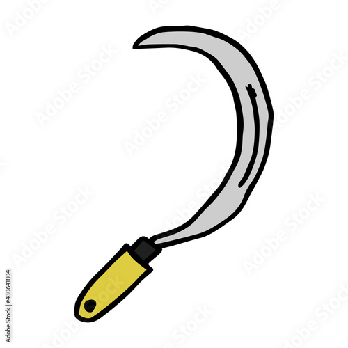 Garden sickle in hand drawn doodle style isolated on white background. Vector outline stock illustration. Tool for working in the garden and the vegetable garden. Design element. Gardening tools for