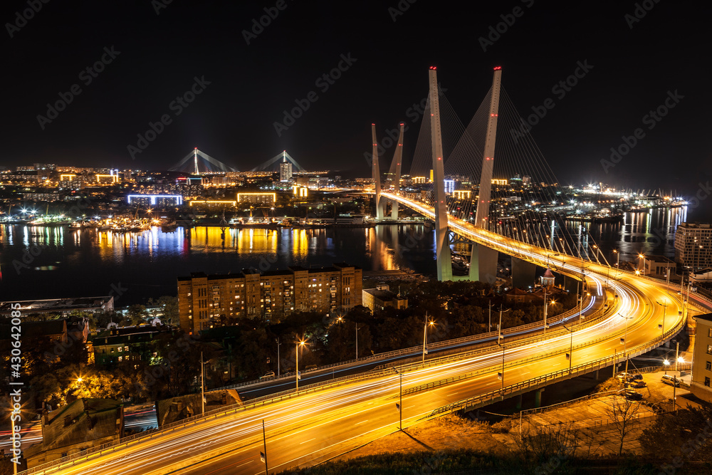 Top view of the night Vladivostok with the Golden Horn bridge and the bridge Russian. Far East, Russia