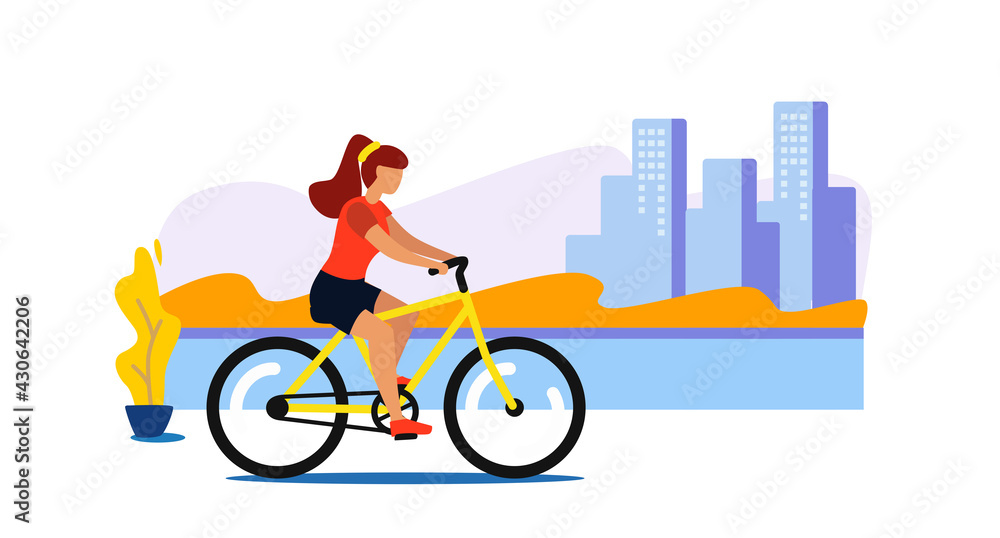 Woman rides bicycle in park city. Woman rides bicycle in park city.