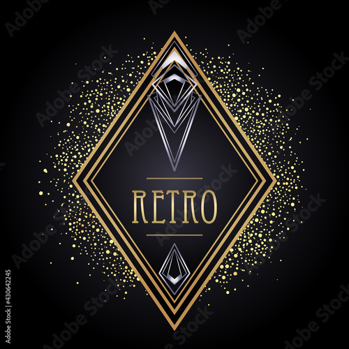 Art Deco vintage gold and silver design element over black. Retro party geometric background set 1920 style. Vector illustration for glamour party, thematic wedding or textile prints.
