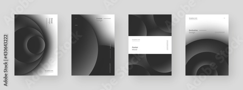 Abstract set Placards, Posters, Flyers, Banner Designs. Black and white illustration on vertical A4 format. 3d geometric shapes and form. Decorative neumorphism backdrop.