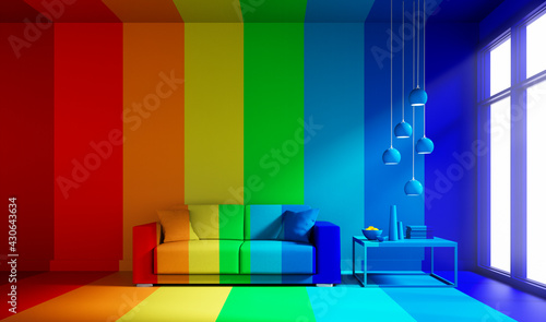 Rainbow colored sofa on empty rainbow colored background - mock up