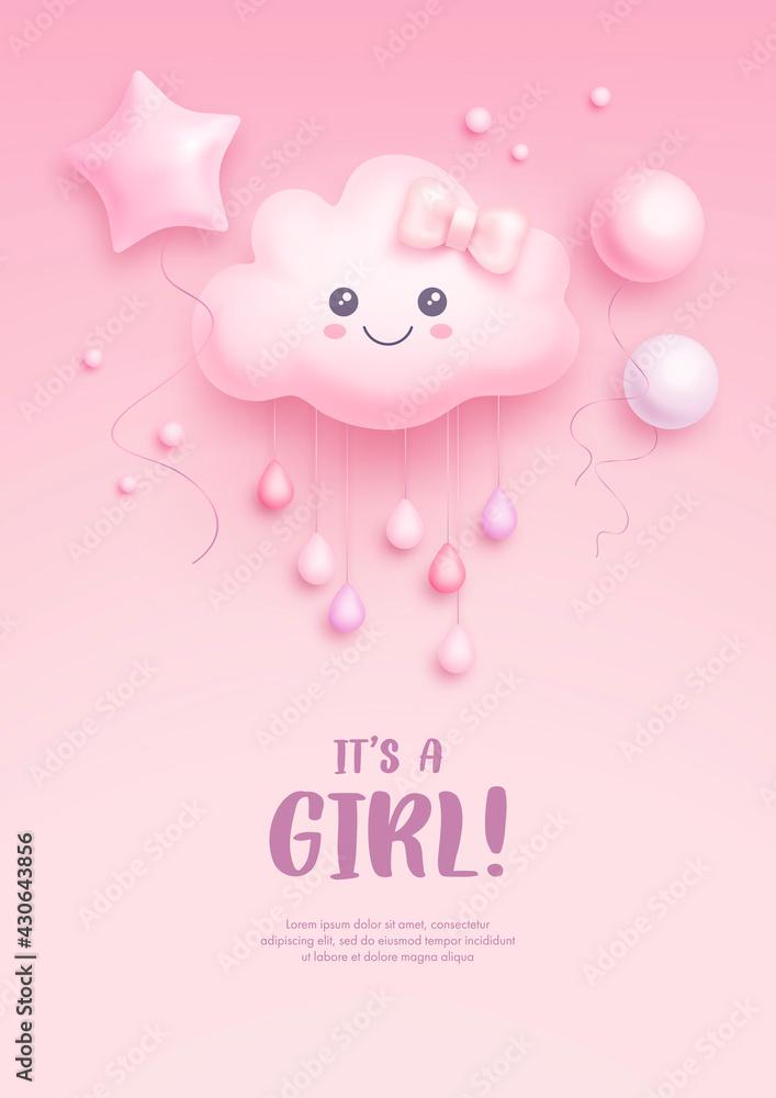 Baby shower invitation with cartoon cloud, helium balloons on pink background. It's a girl. Vector illustration