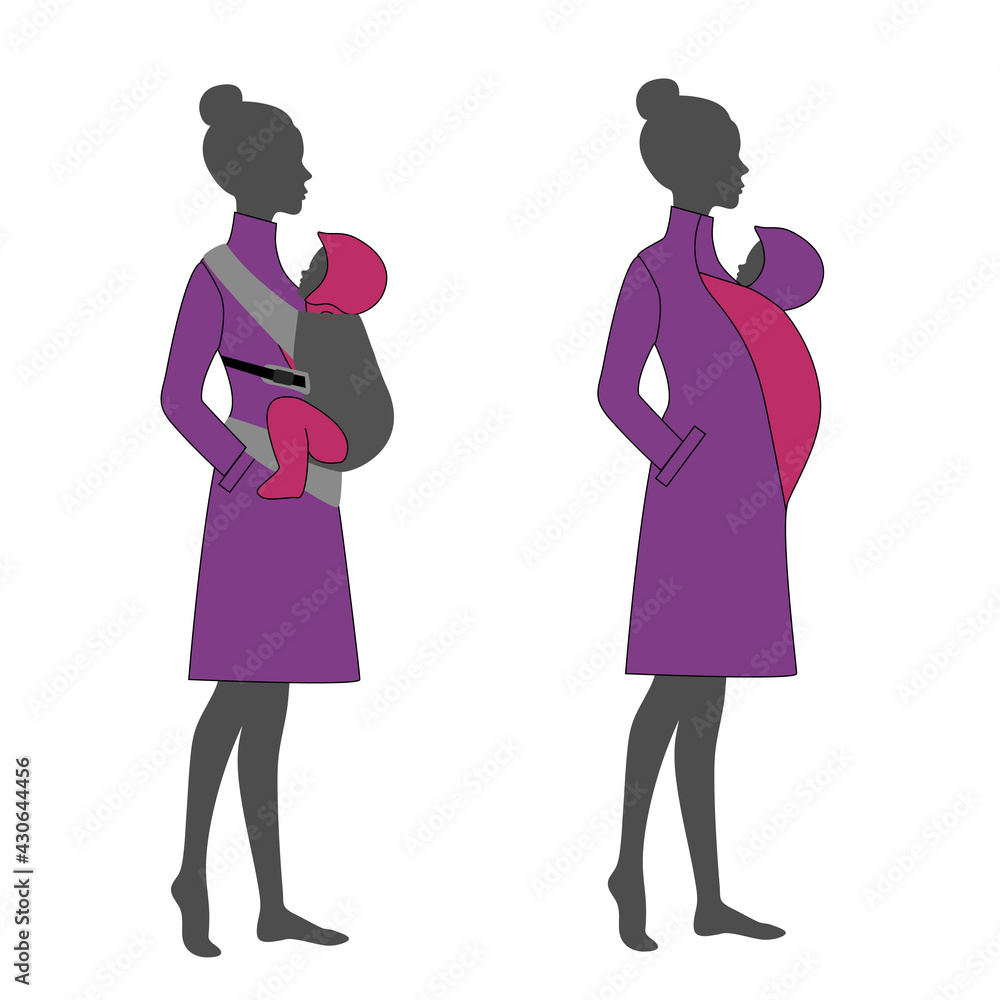 Woman silhouette with a babywearing cape jacket sling. Babywearing mother winter concept Woman silhouette with a babywearing cape jacket sling. Babywearing mother winter concept