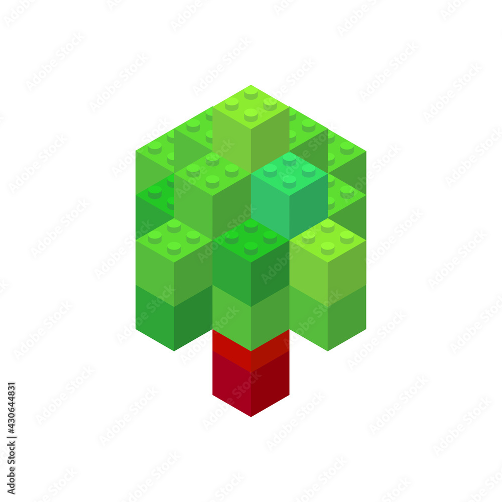 Isometric tree on a white background made of colored plastic blocks. The children s designer. Vector illustration.