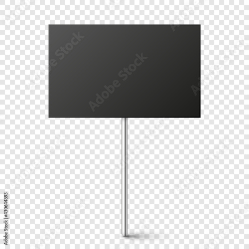 Black blank board with place for text, protest sign isolated on transparent background. Realistic demonstration or advertising banner. Strike action cardboard placard mockup. Vector illustration.
