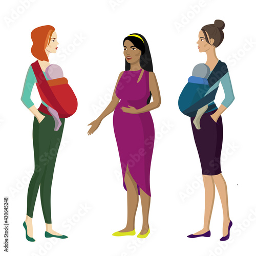 Two babywearing women with her baby in sling and one pregnant woman talking. Babywearing concept. Vector illustration